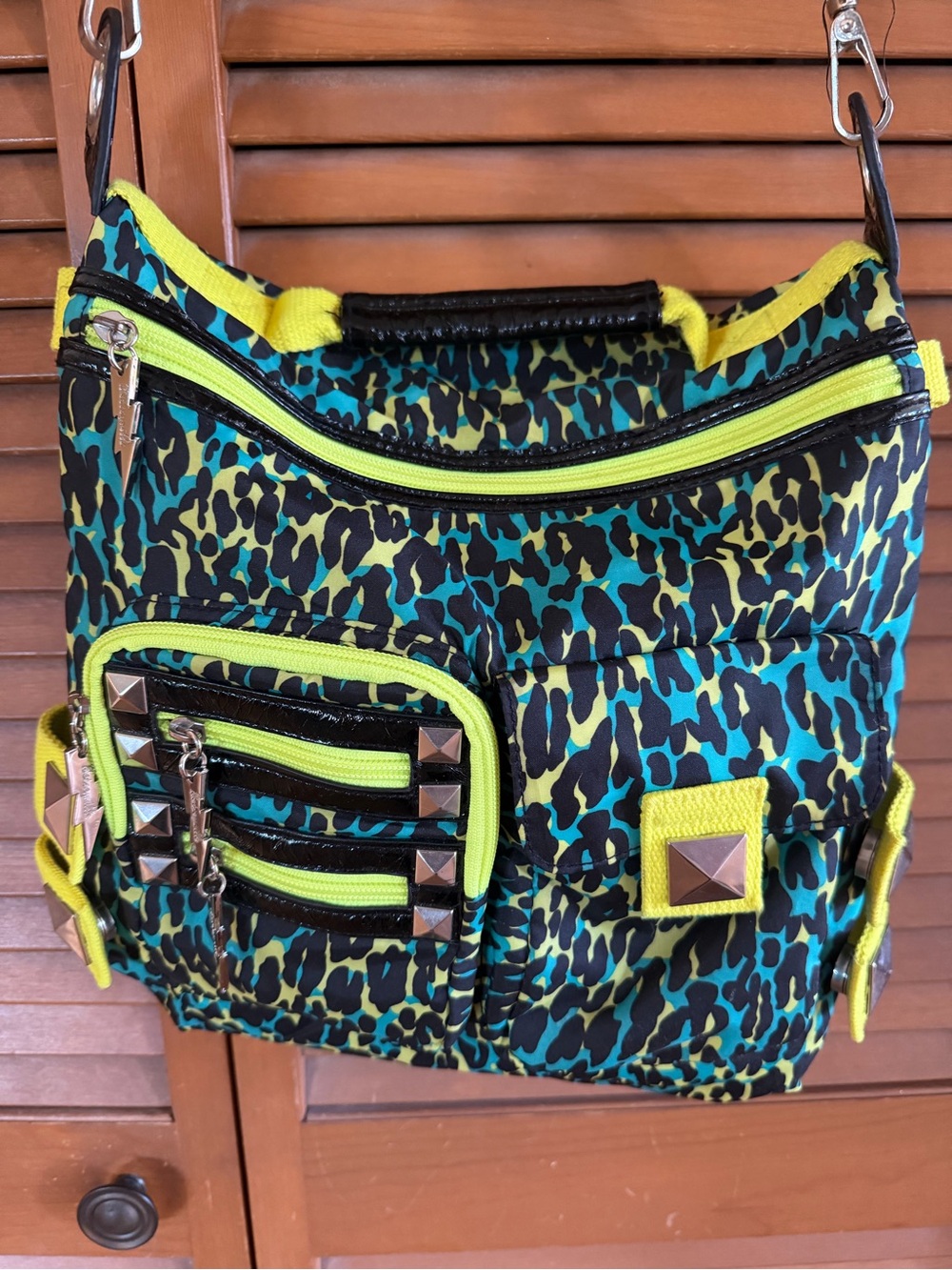 Betsey Johnson Neon Leopard Crossbody in Lime & Teal Blue